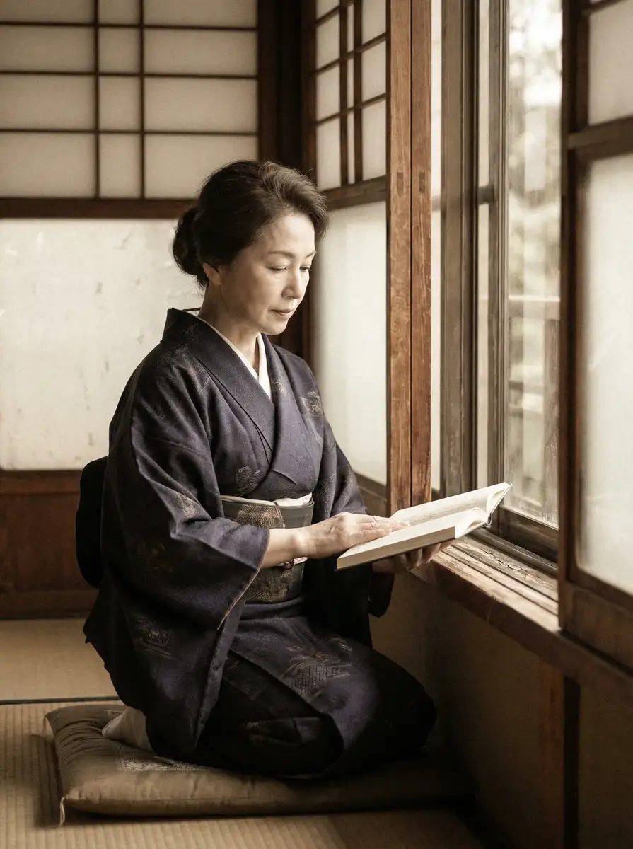 一位优雅的五十岁 八戒体育平台 身穿深蓝色和服，在窗边静读