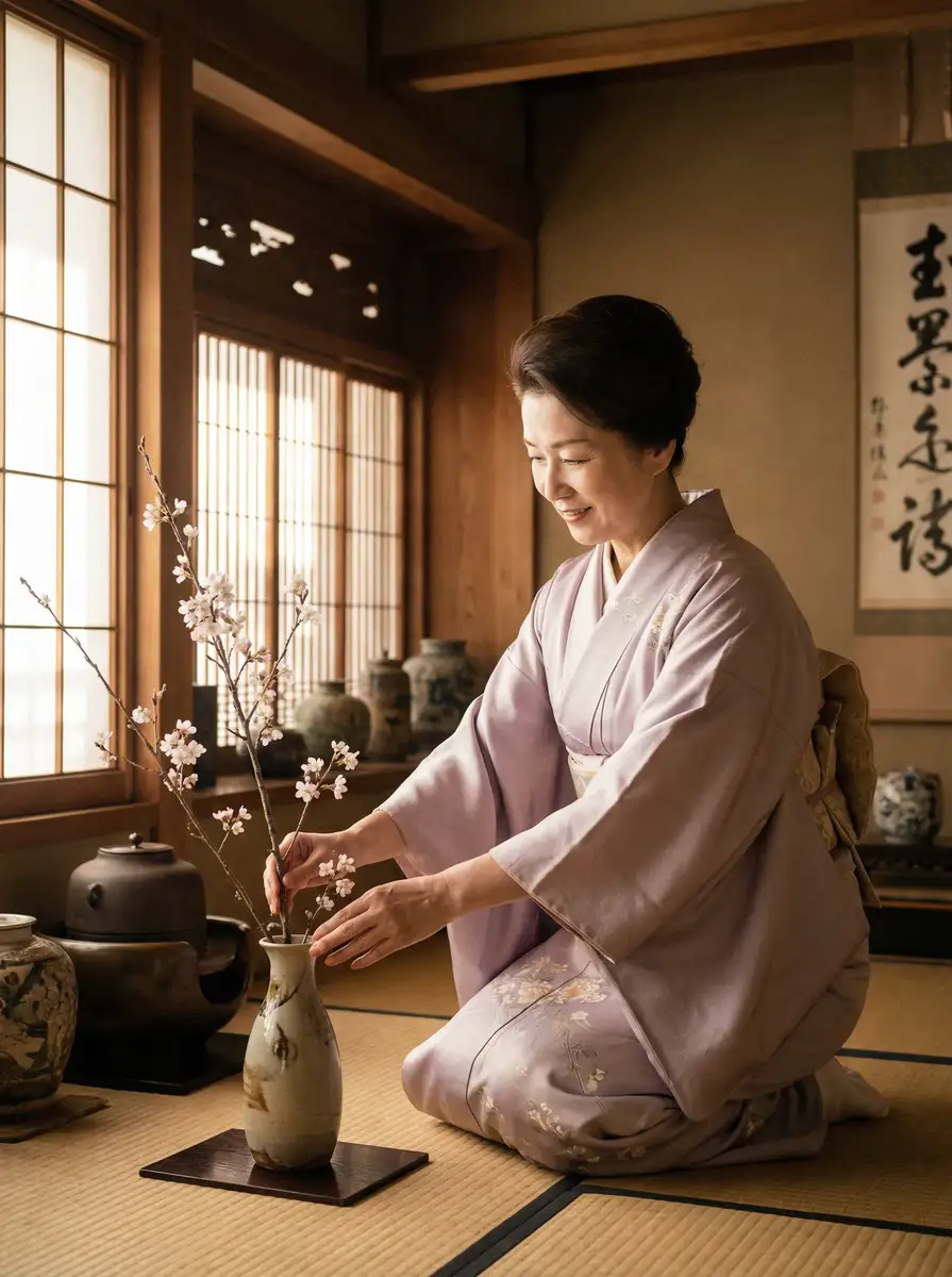 一位优雅的 八戒体育平台 在和室中插花